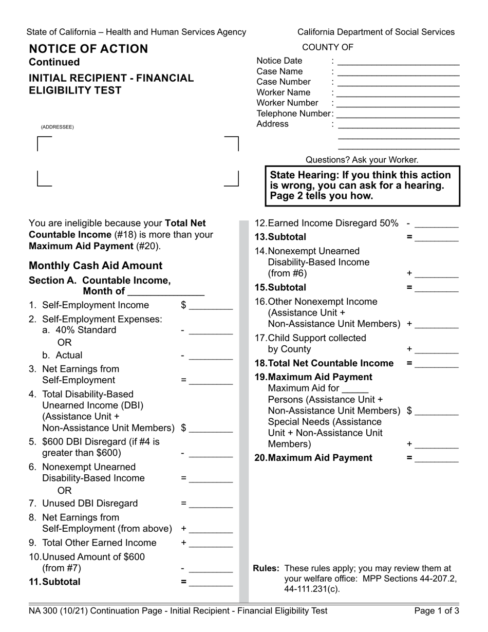 Form NA300 Notice of Action - Continuation Page - Recipient Financial Eligibility Tests - California, Page 1