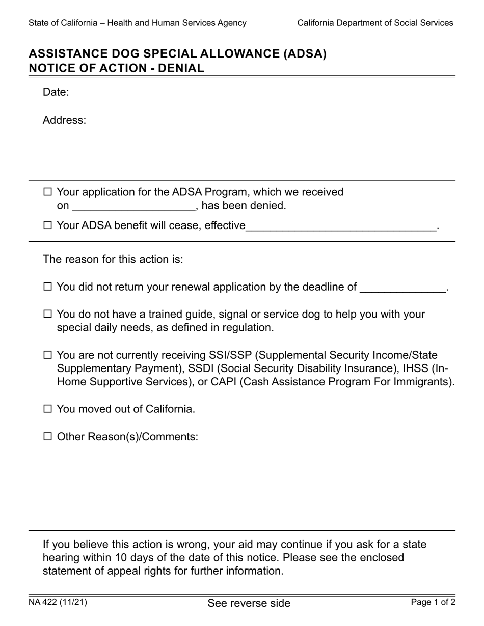 Form NA422 - Fill Out, Sign Online and Download Fillable PDF ...