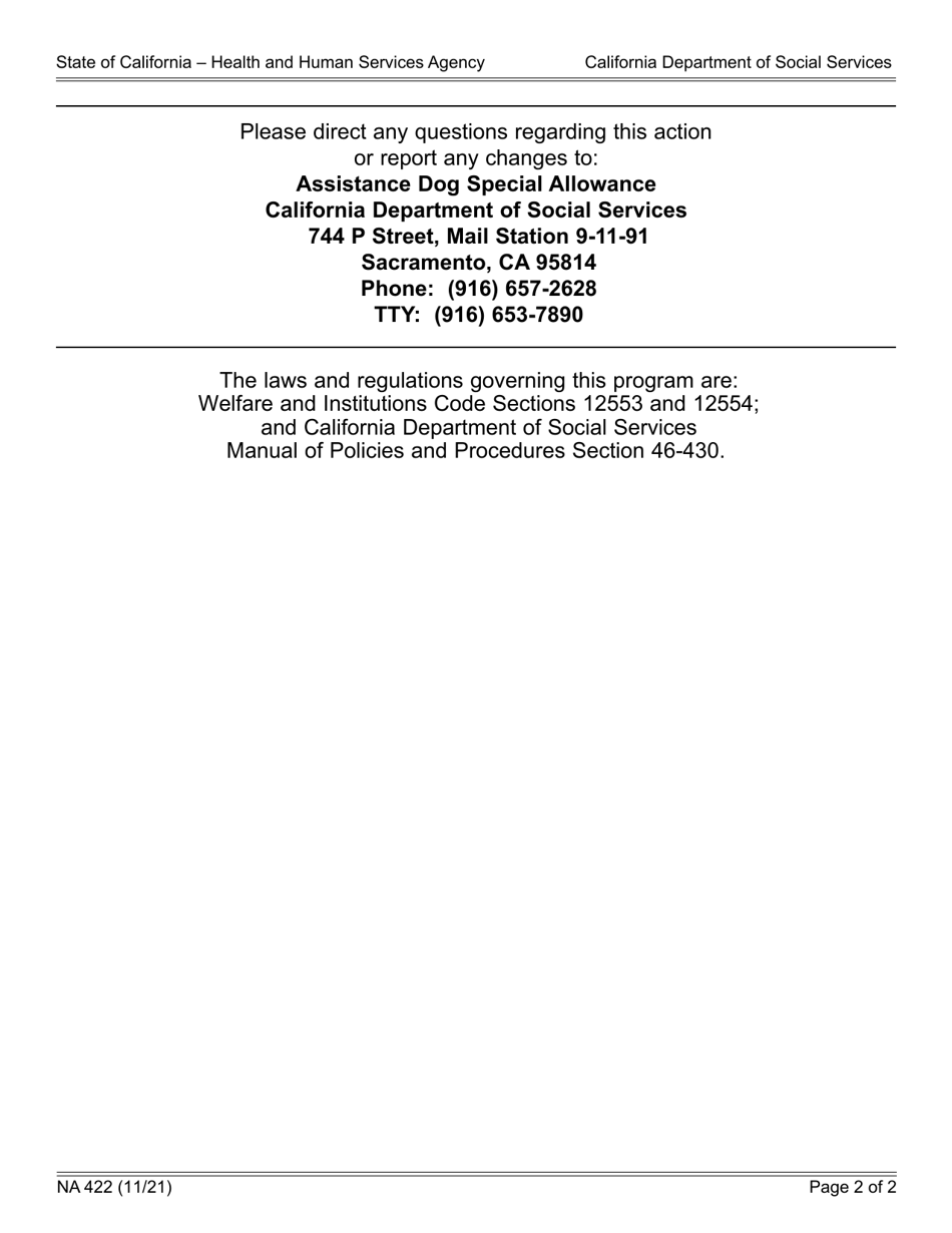 Form NA422 Assistance Dog Special Allowance (Adsa) Notice of Action - Denial - California, Page 2