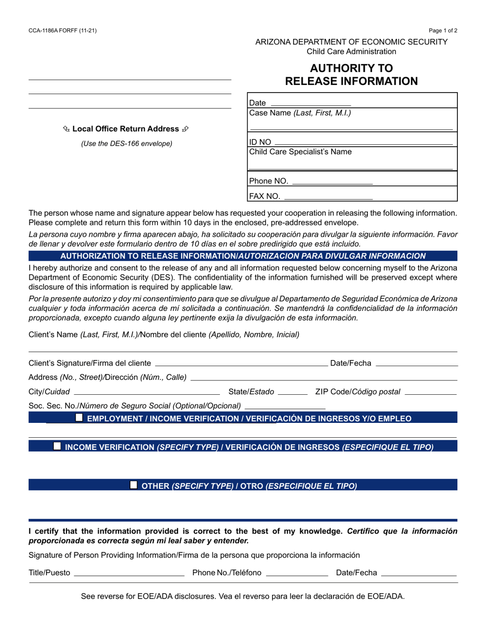 Form CCA-1186A Authority to Release Information - Arizona (English / Spanish), Page 1