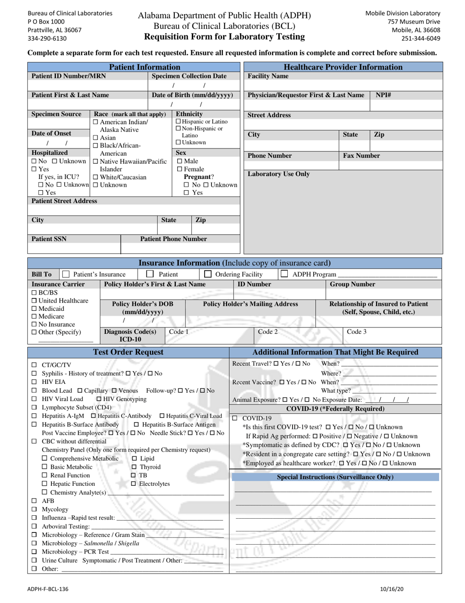 Form ADPH-F-BCL-136 Requisition Form for Laboratory Testing - Alabama, Page 1