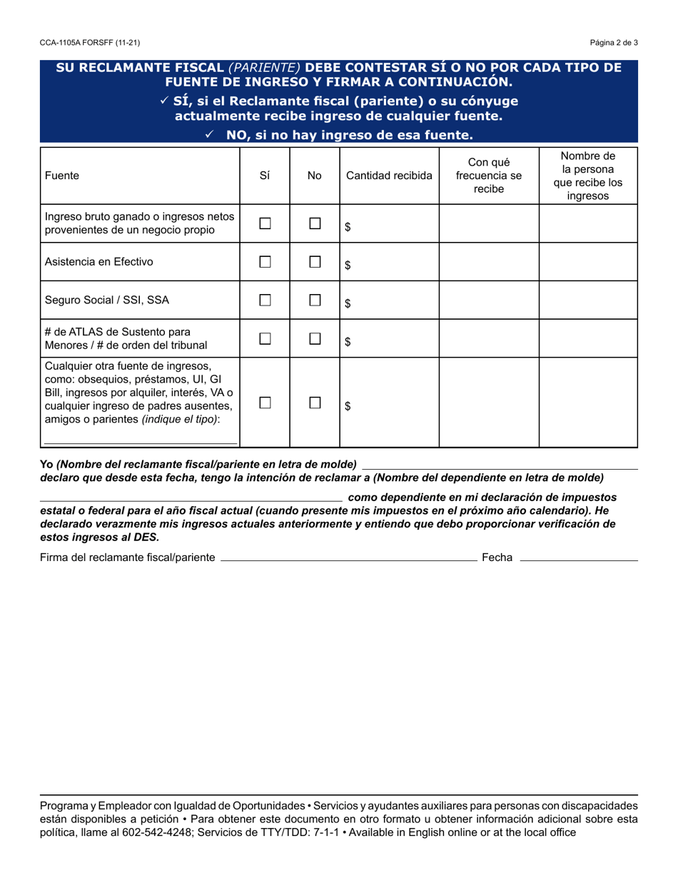 Formulario CCA-1105A-S Declaracion De Reclamante Fiscal - Arizona (Spanish), Page 2