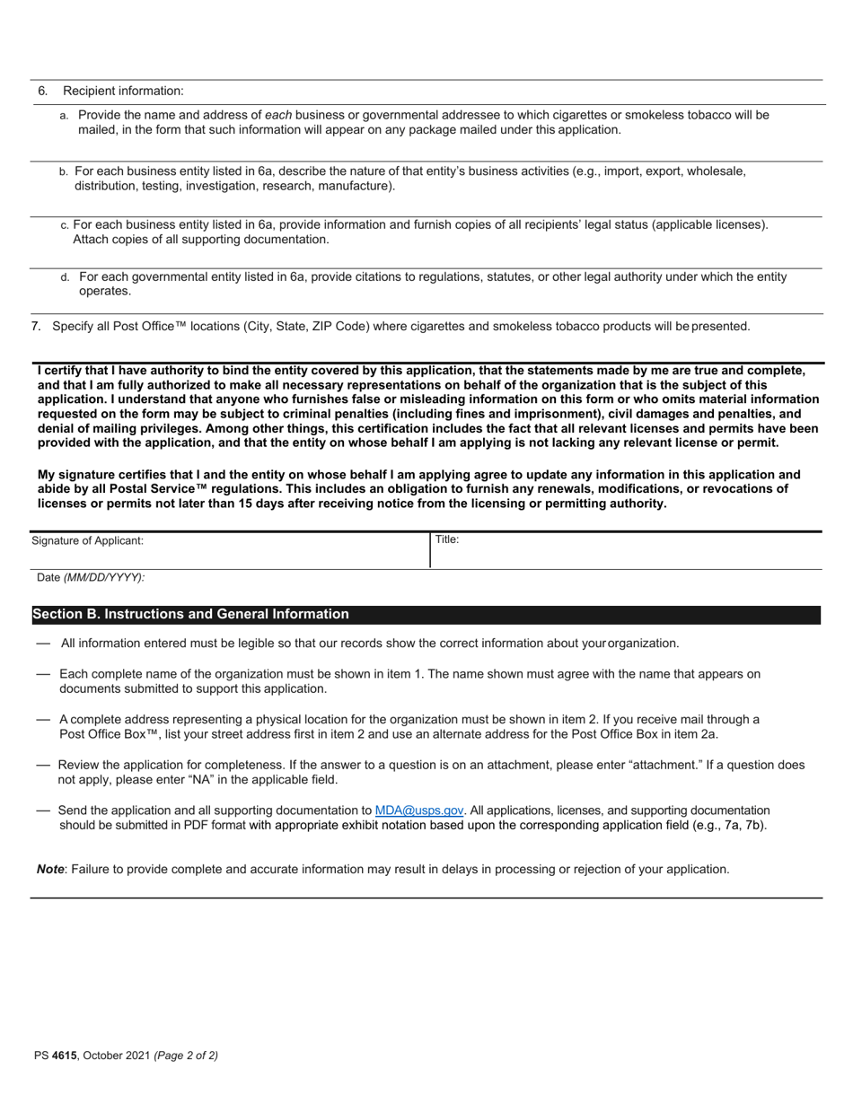 PS Form 4615 Pact Act Application for Business or Regulatory Purposes Exception - Cigarettes and Smokeless Tobacco, Page 2