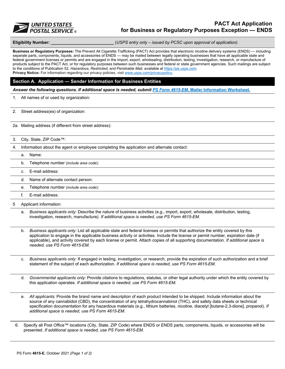 PS Form 4615-E Pact Act Application for Business or Regulatory Purposes Exception - Ends, Page 1