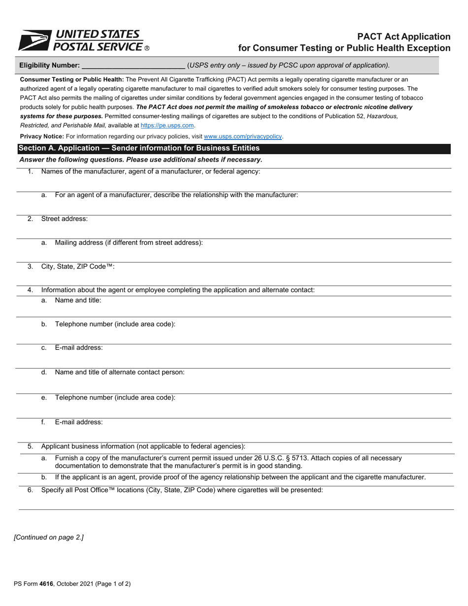 PS Form 4616 Pact Act Application for Consumer Testing or Public Health Exception, Page 1