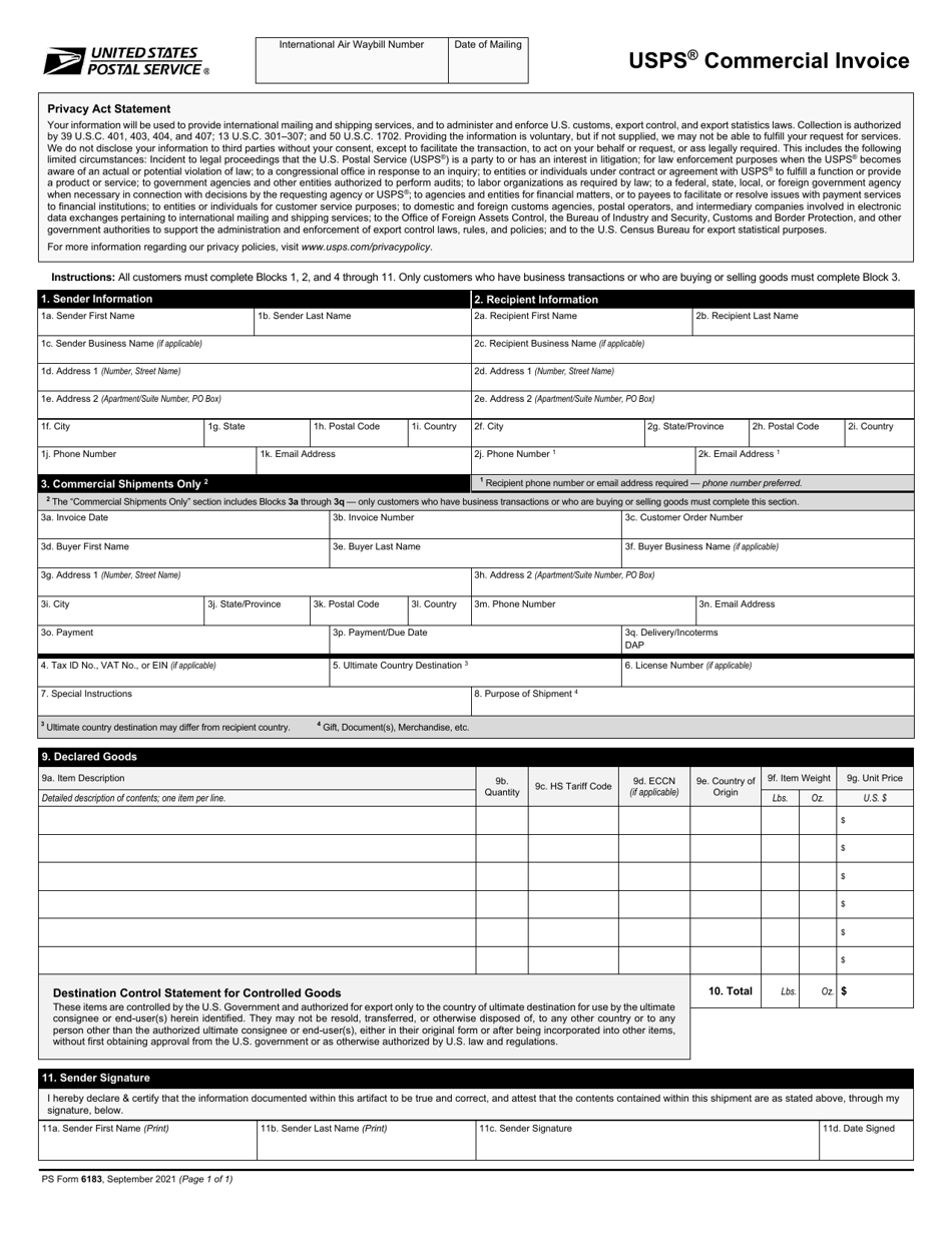 PS Form 6183 USPS Commercial Invoice, Page 1