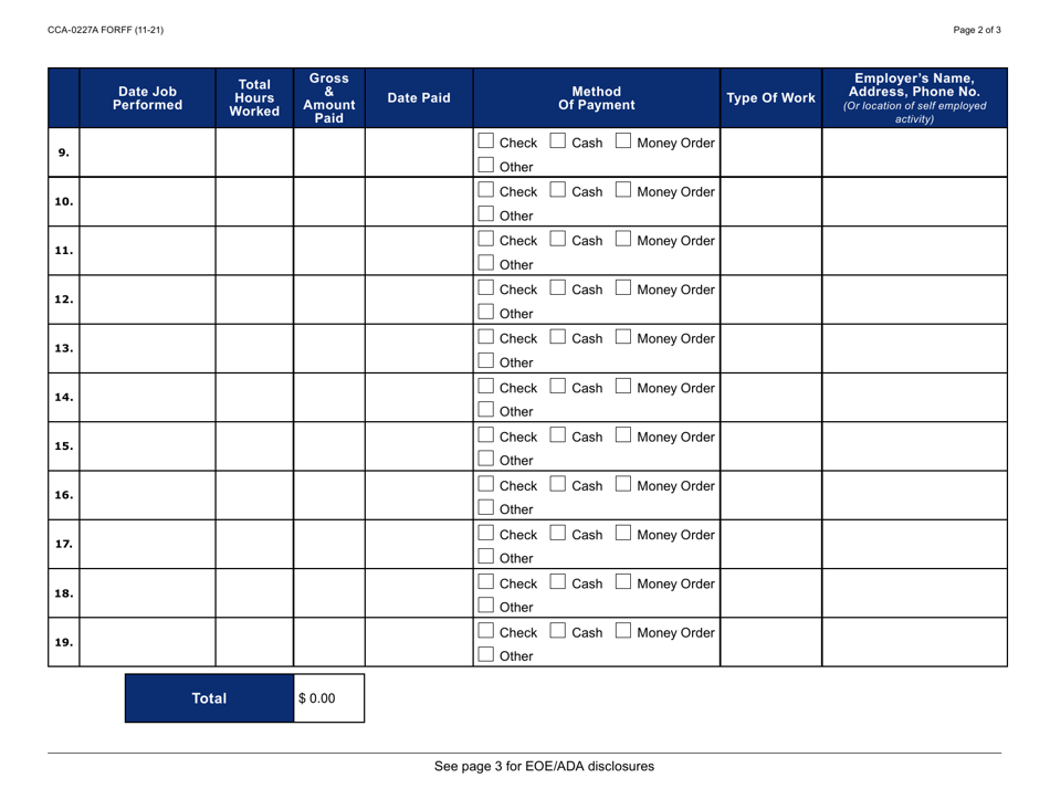 Form CCA-0227A Self-employment Log - Arizona, Page 2