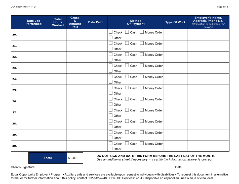 Form CCA-0227A Self-employment Log - Arizona, Page 3