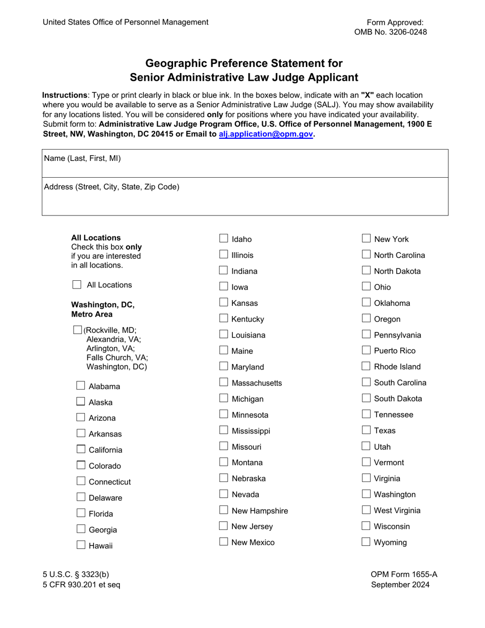 OPM Form 1655-A Geographic Preference Statement for Senior Administrative Law Judge Applicant, Page 1