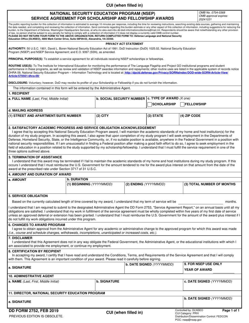 DD Form 2752 Service Agreement for Scholarship and Fellowship Awards - National Security Education Program (Nsep), Page 1