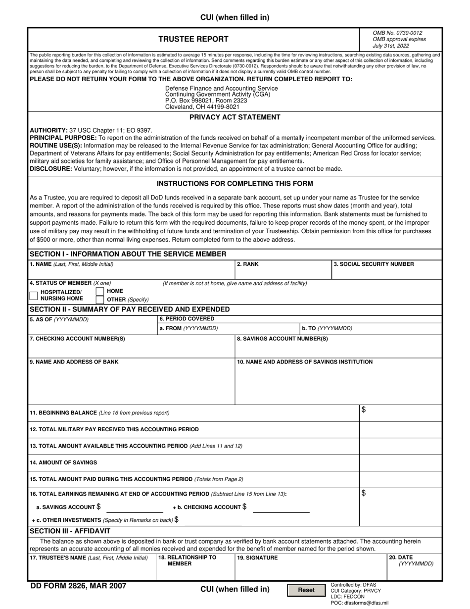 DD Form 2826 Trustee Report, Page 1