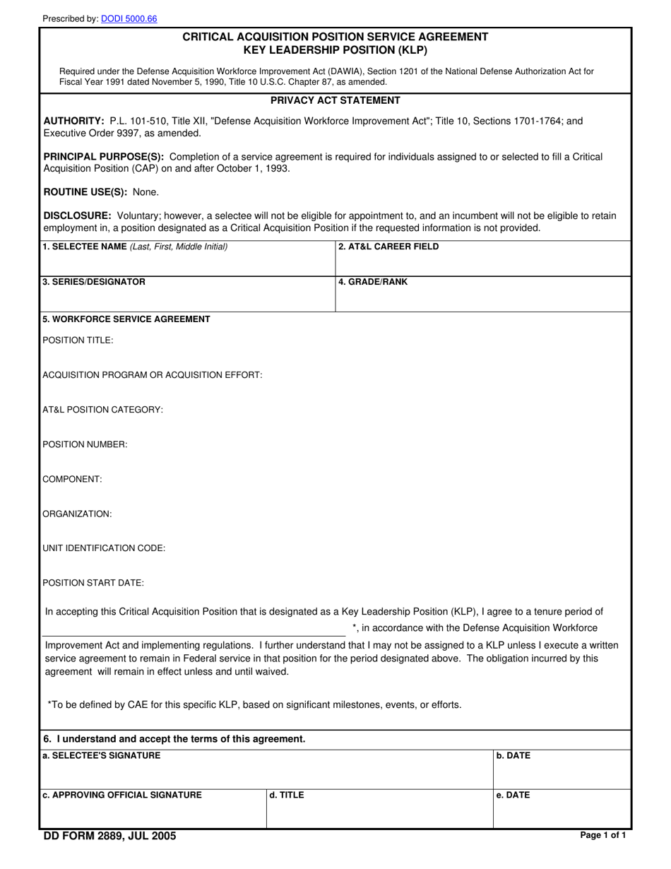 DD Form 2889 Critical Acquisition Position Service Agreement Key Leadership Position (Klp), Page 1