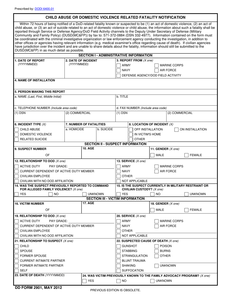 DD Form 2901 Child Abuse or Domestic Violence Related Fatality Notification, Page 1