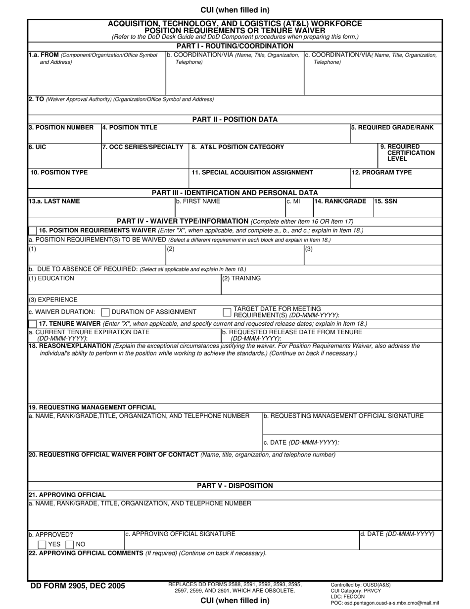DD Form 2905 Acquisition, Technology, and Logistics (Atl) Workforce Position Requirements or Tenure Waiver, Page 1