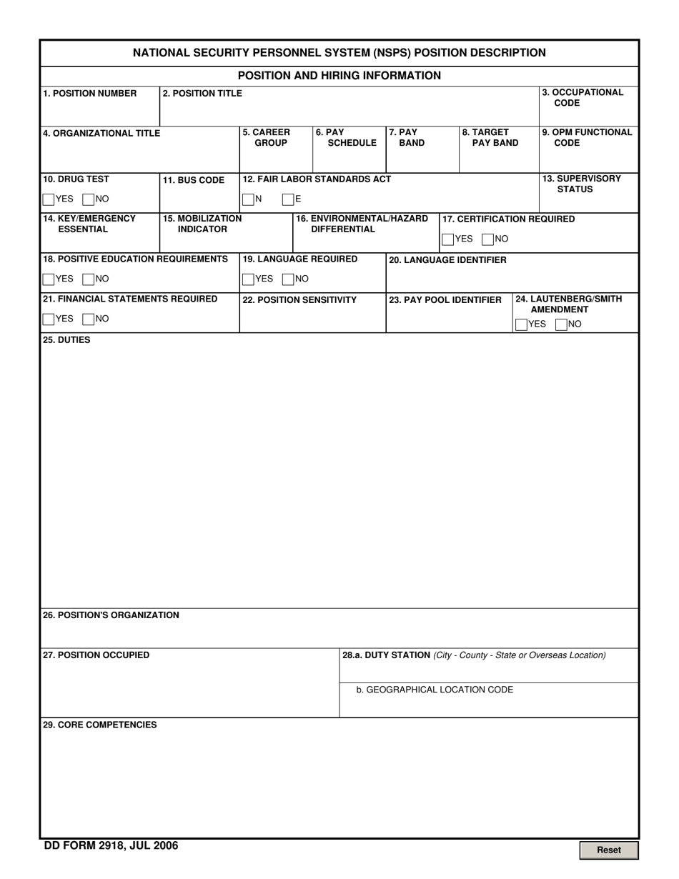 DD Form 2918 National Security Personnel System (Nsps) Position Description, Page 1