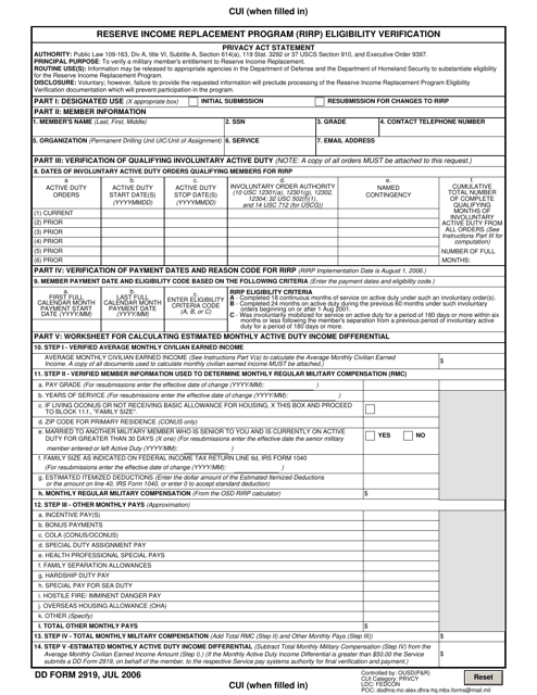 DD Form 2919  Printable Pdf