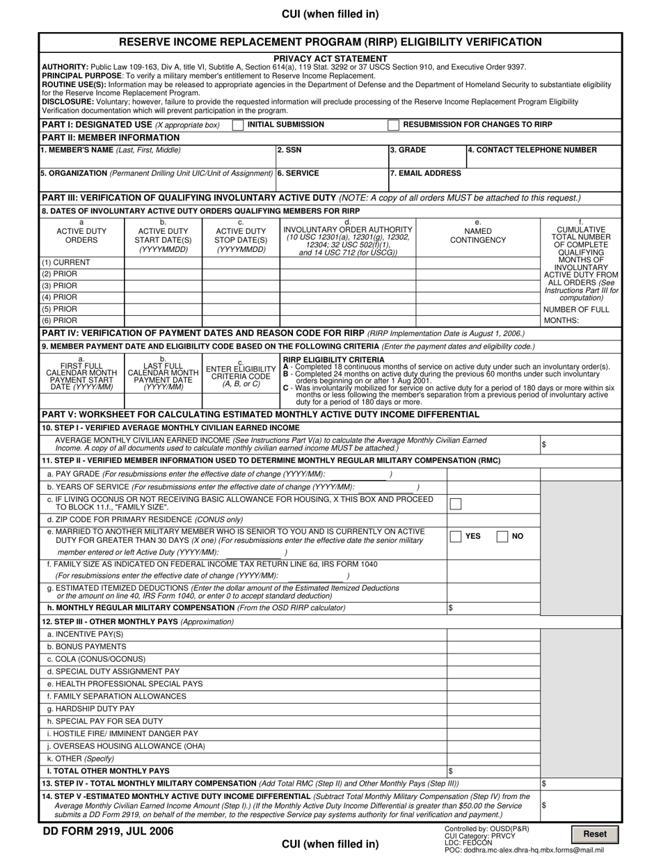 DD Form 2919 - Fill Out, Sign Online and Download Fillable PDF ...