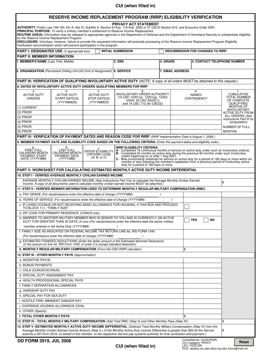 DD Form 2919 Reserve Income Replacement Program (Rirp) Eligibility Verification, Page 1