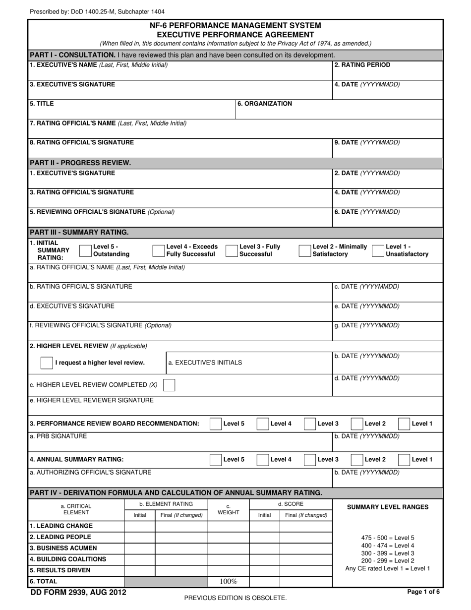 DD Form 2939 Nf-6 Performance Management System Executive Performance Agreement, Page 1