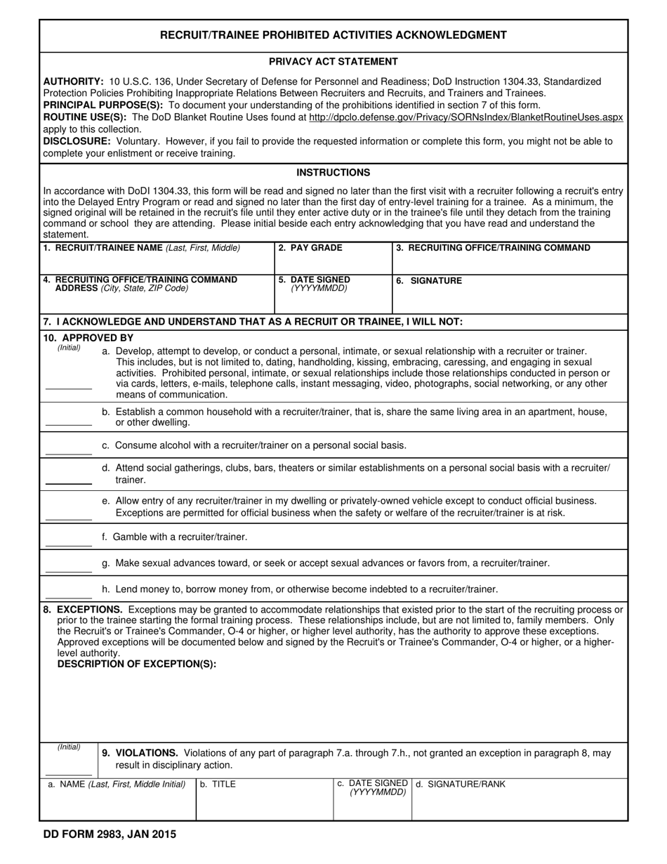 DD Form 2983 Recruit / Trainee Prohibited Activities Acknowledgment, Page 1