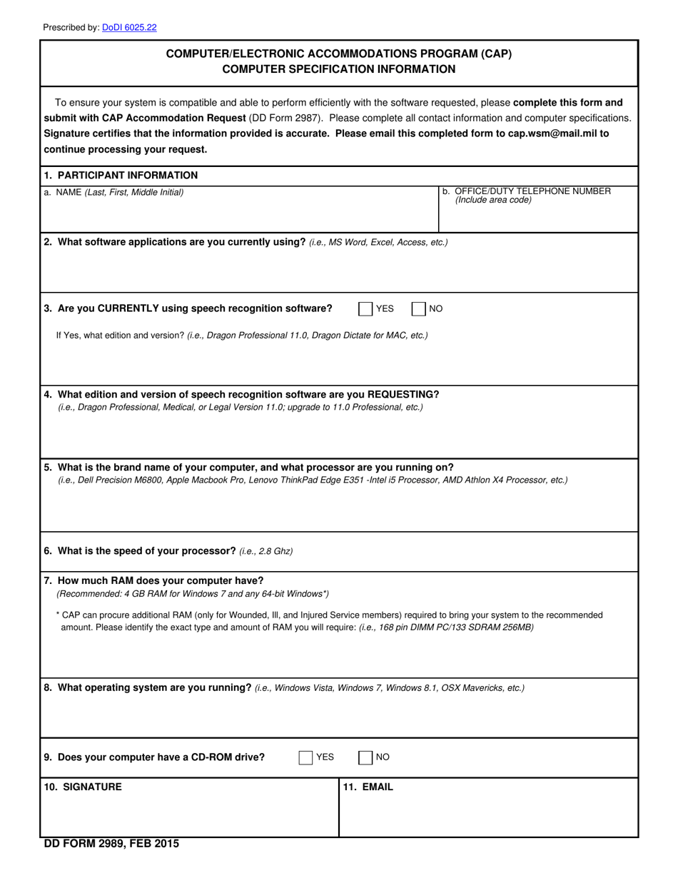 DD Form 2989 Computer / Electronic Accommodations Program (CAP) Computer Specification Information, Page 1