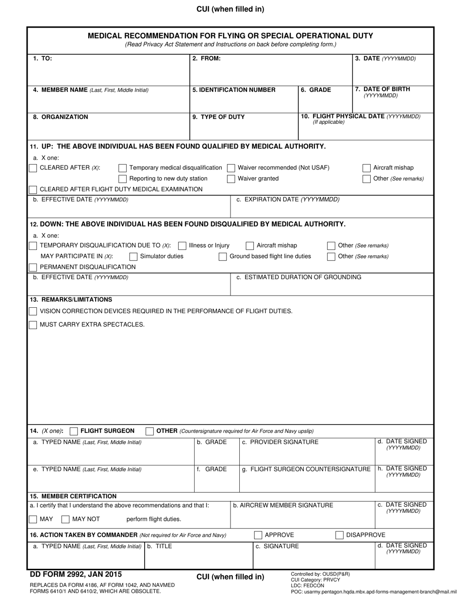 DD Form 2992 Medical Recommendation for Flying or Special Operational Duty, Page 1