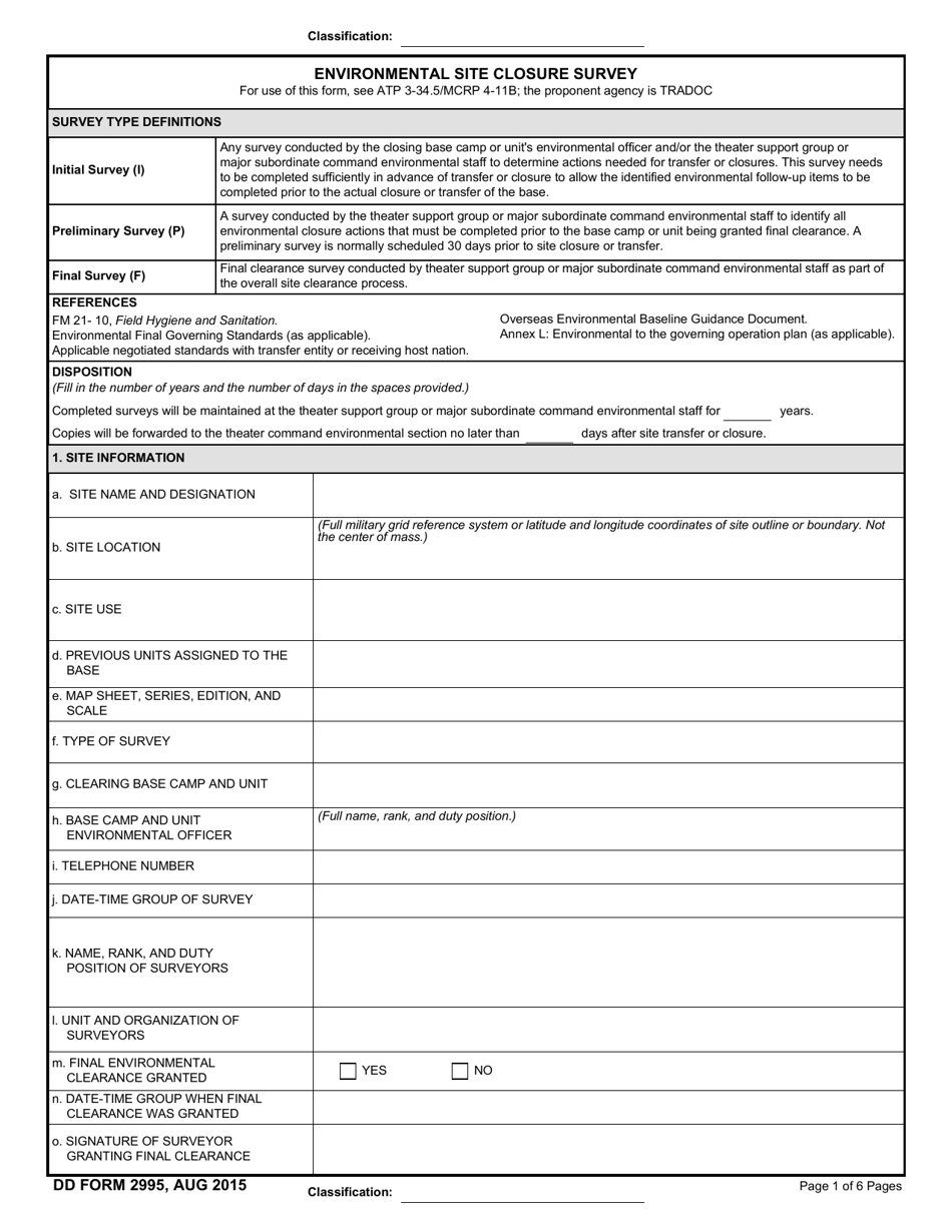 DD Form 2995 Environmental Site Closure Survey, Page 1