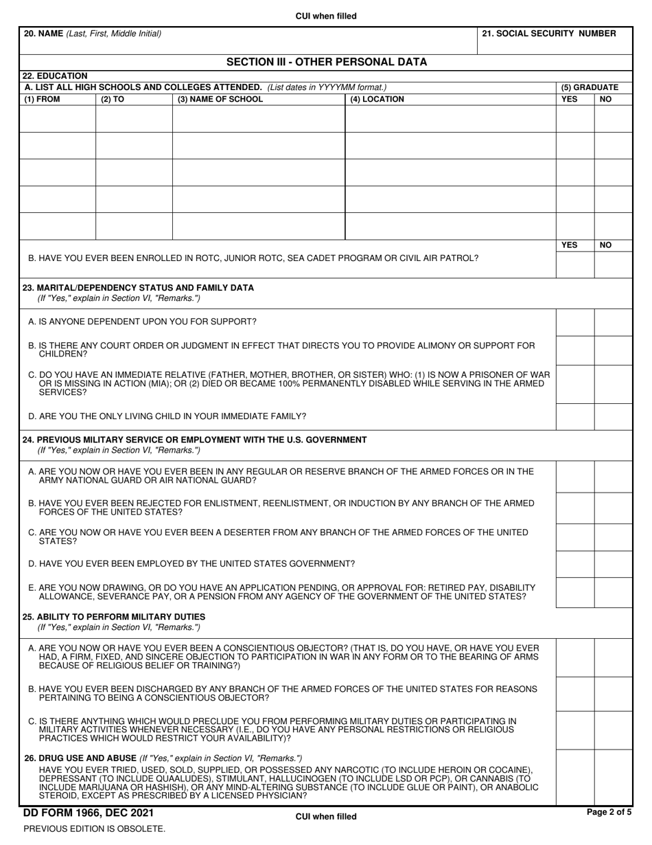 DD Form 1966 Download Fillable PDF or Fill Online Record of Military ...