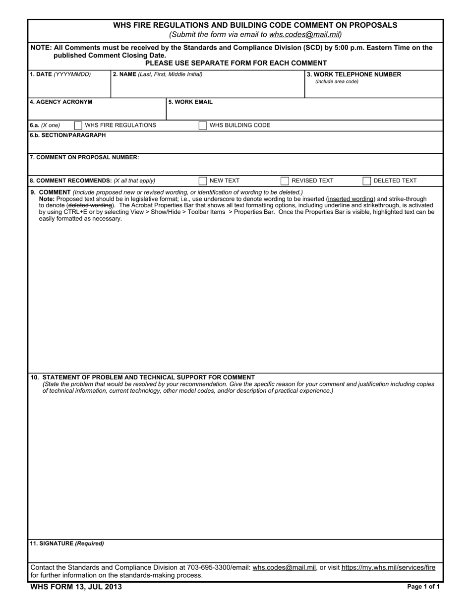 WHS Form 13 WHS Fire Regulations and Building Code Comment on Proposals, Page 1