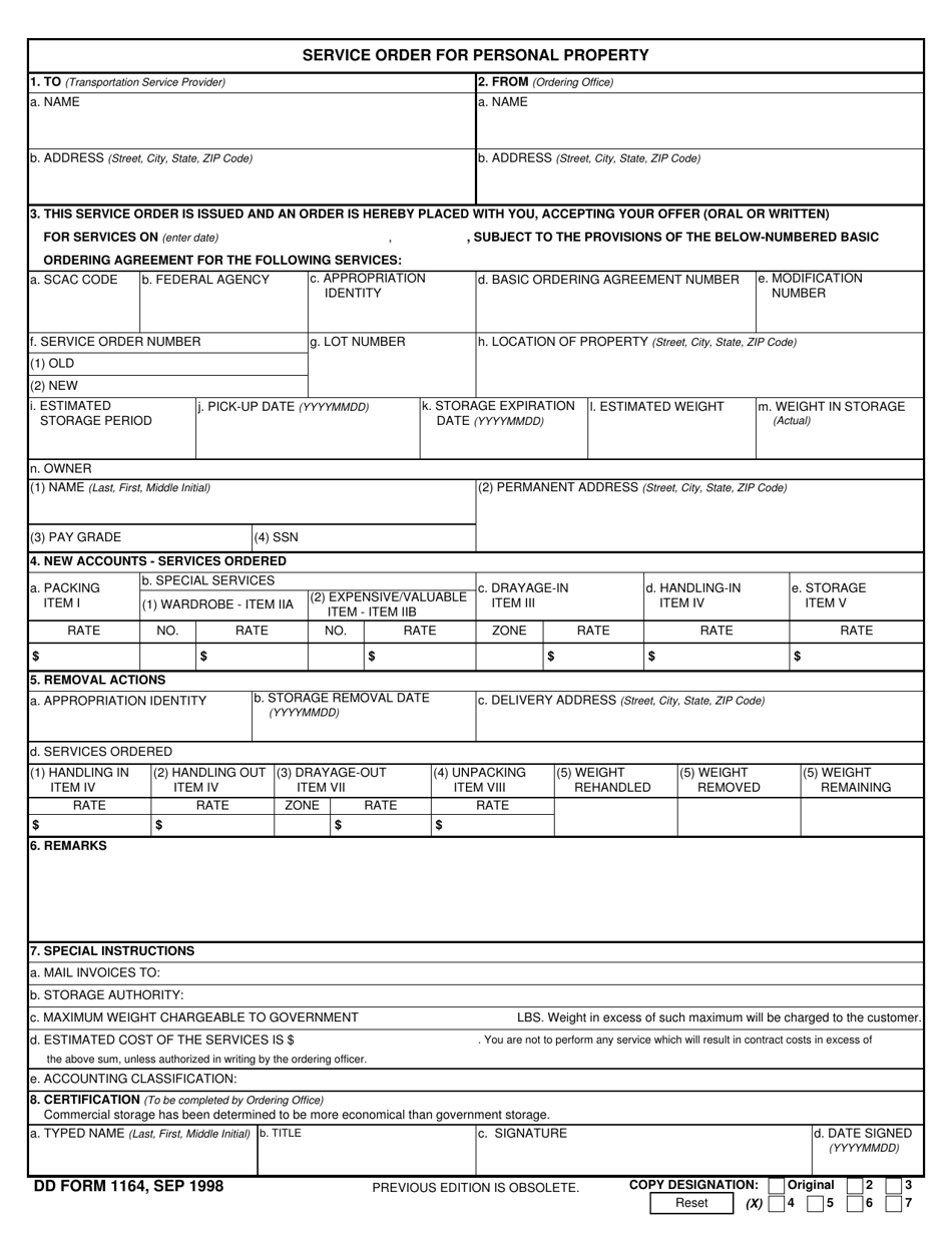 DD Form 1164 Service Order for Personal Property, Page 1