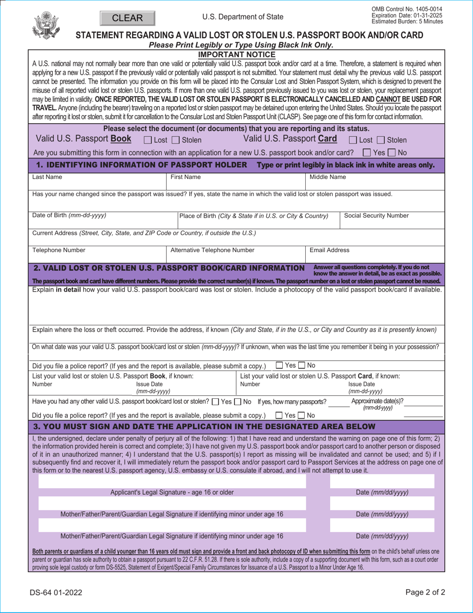 Form Ds 64 Download Fillable Pdf Or Fill Online Statement Regarding A Valid Lost Or Stolen Us 3940