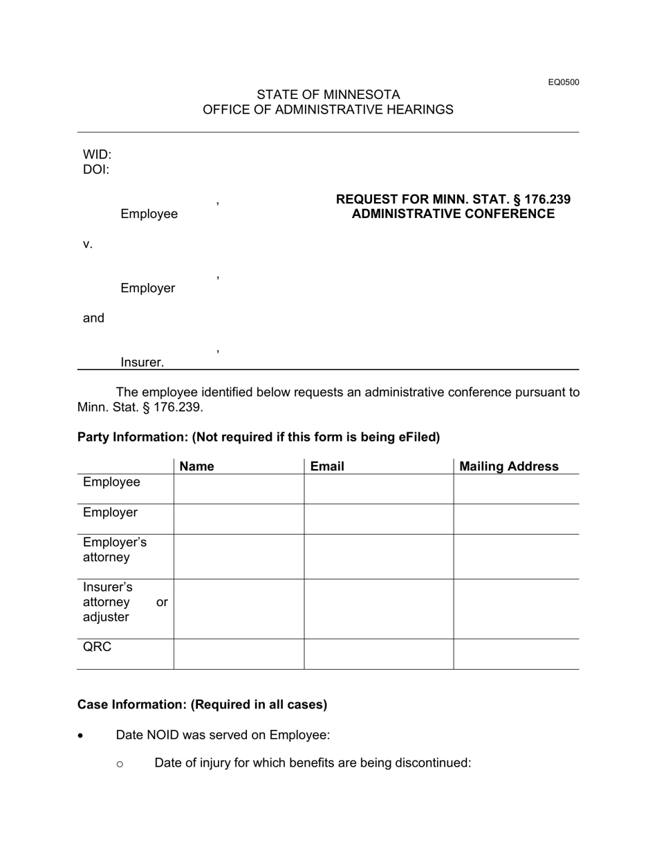 Form EQ0500 Request for Minn. Stat. 176.239 Administrative Conference - Minnesota, Page 1
