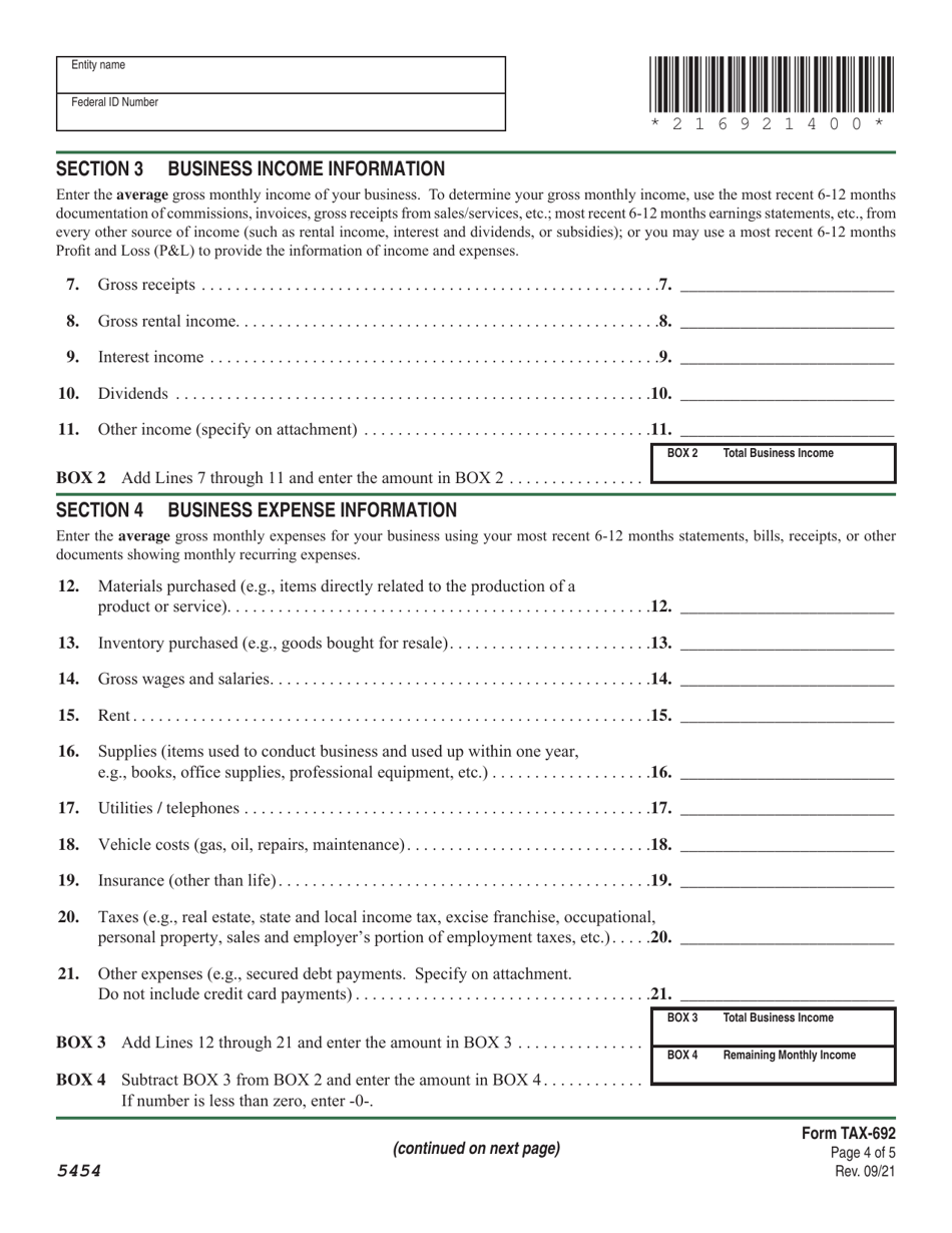 Schedule TAX-692 Financial and Income Statement for Businesses - Vermont, Page 4