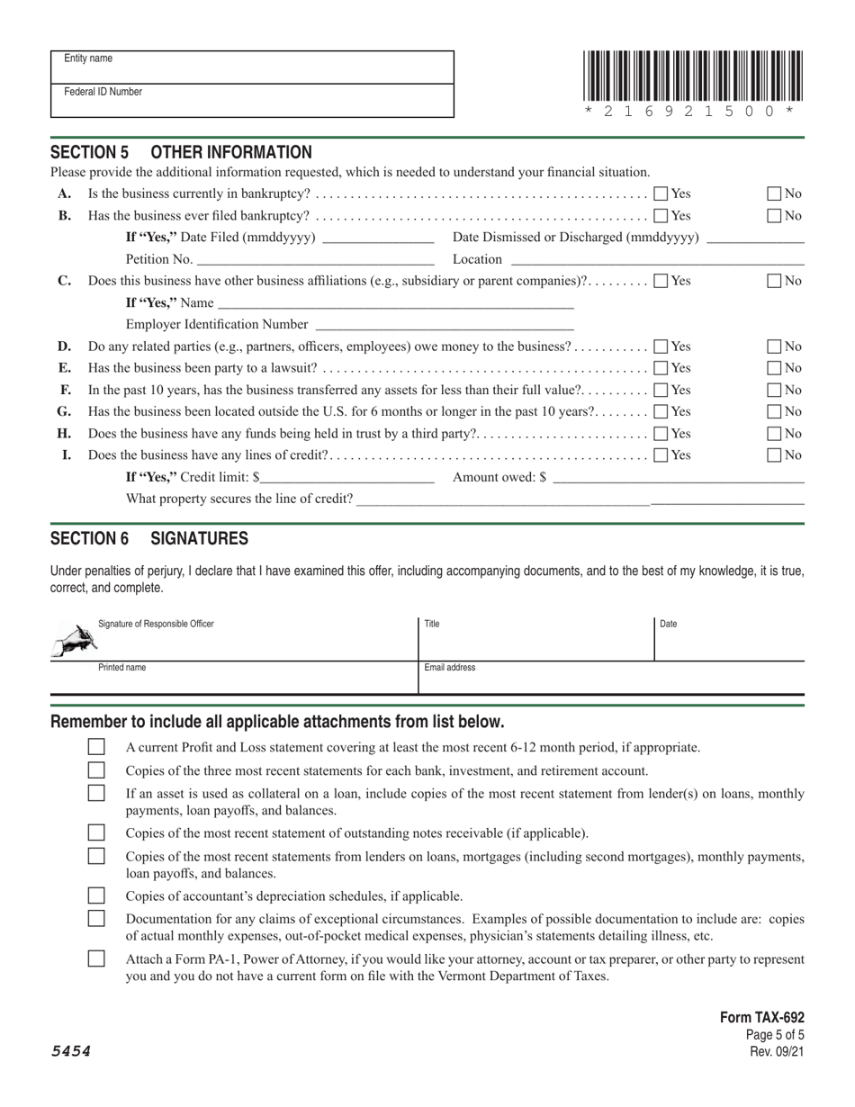 Schedule TAX-692 Financial and Income Statement for Businesses - Vermont, Page 5