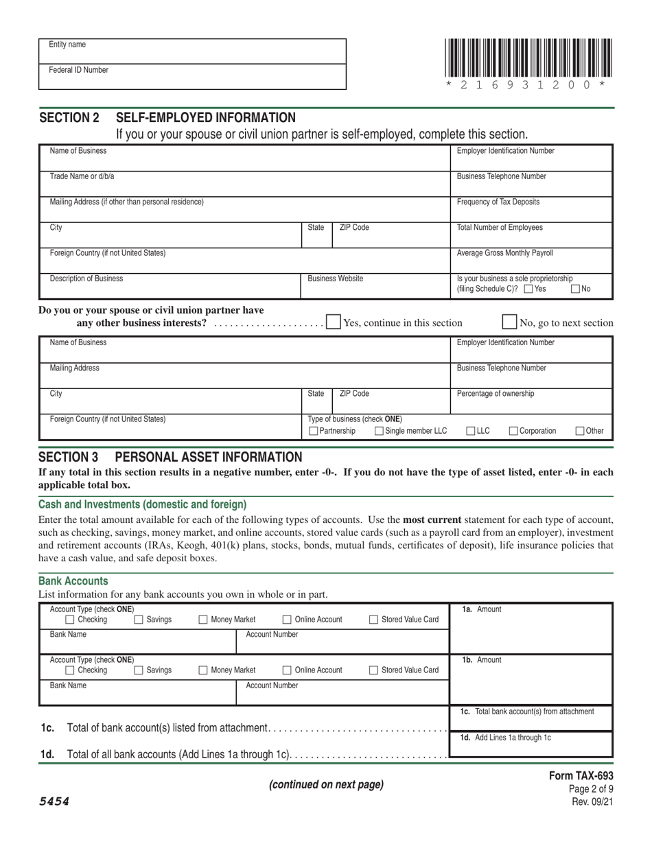VT Form TAX-693 Financial and Income Statement for Wage Earners and Self-employed Individuals - Vermont, Page 2