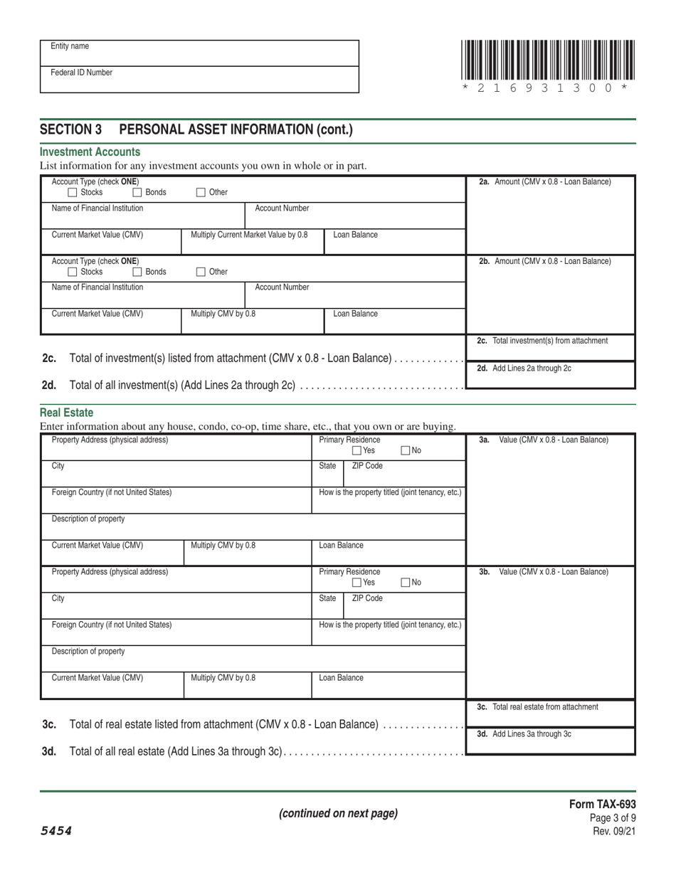 VT Form TAX-693 Financial and Income Statement for Wage Earners and Self-employed Individuals - Vermont, Page 3