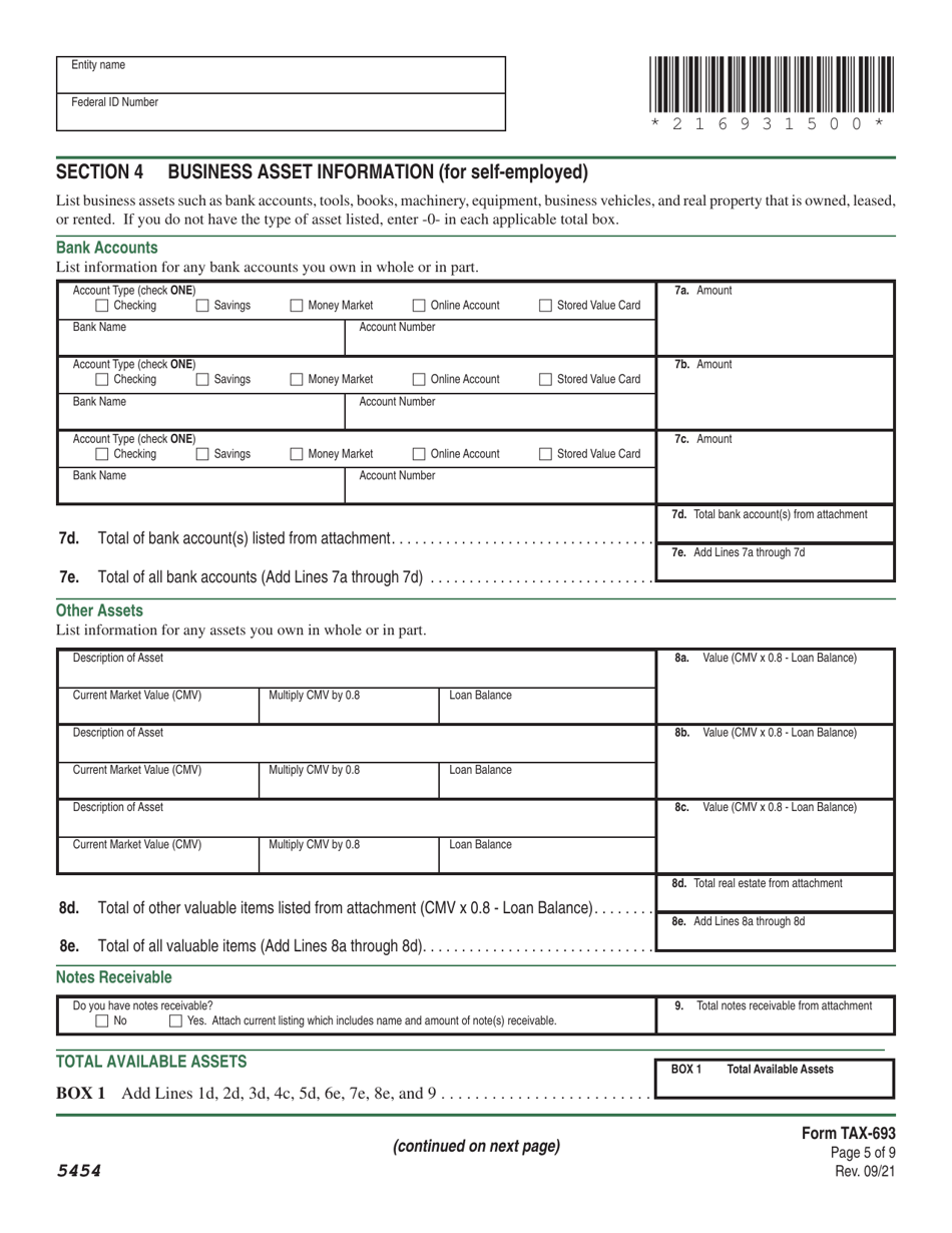 VT Form TAX-693 Financial and Income Statement for Wage Earners and Self-employed Individuals - Vermont, Page 5