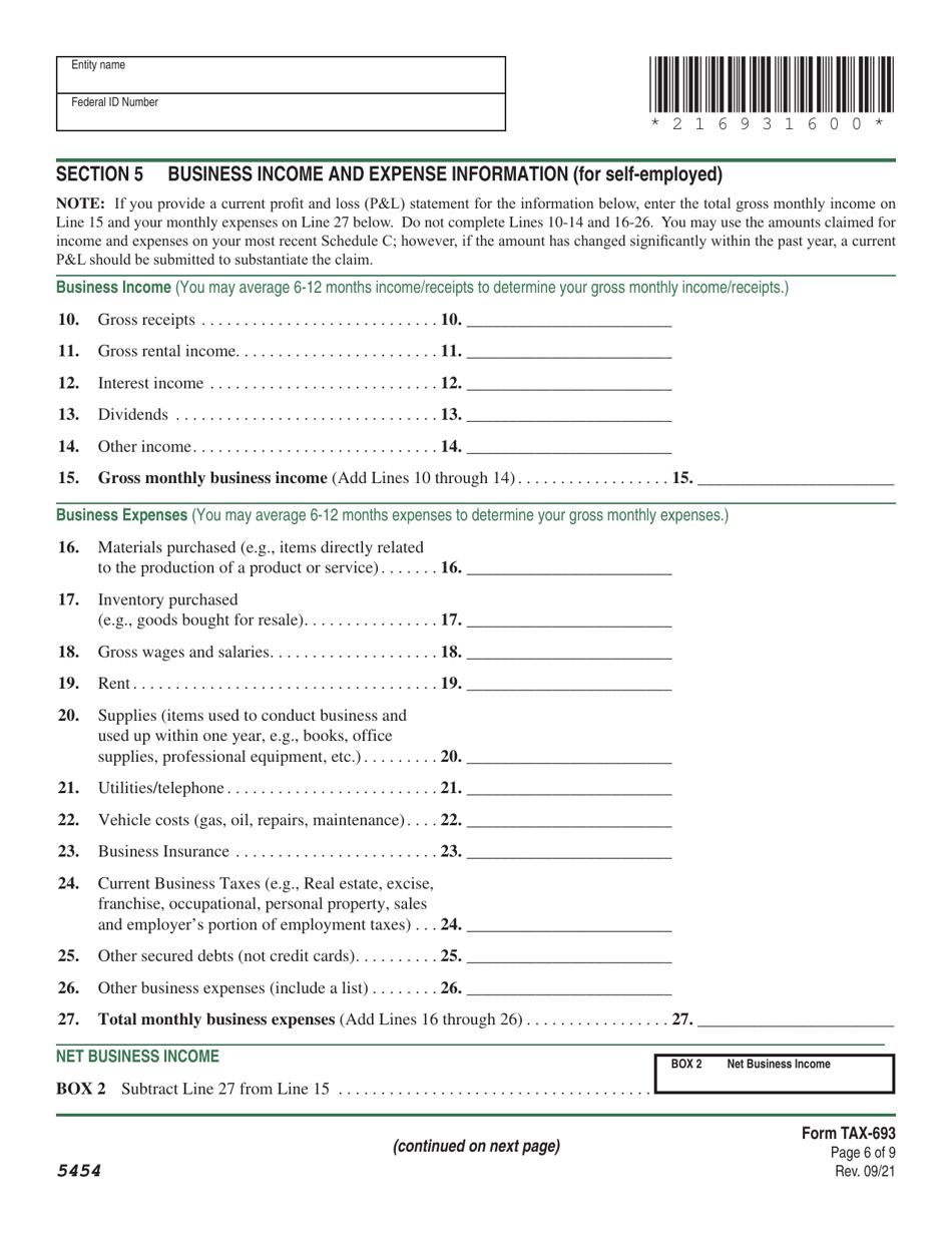 VT Form TAX-693 Financial and Income Statement for Wage Earners and Self-employed Individuals - Vermont, Page 6