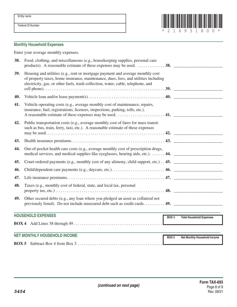 VT Form TAX-693 Financial and Income Statement for Wage Earners and Self-employed Individuals - Vermont, Page 8