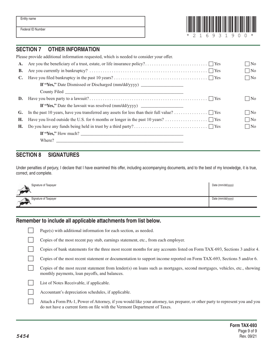 VT Form TAX-693 Financial and Income Statement for Wage Earners and Self-employed Individuals - Vermont, Page 9