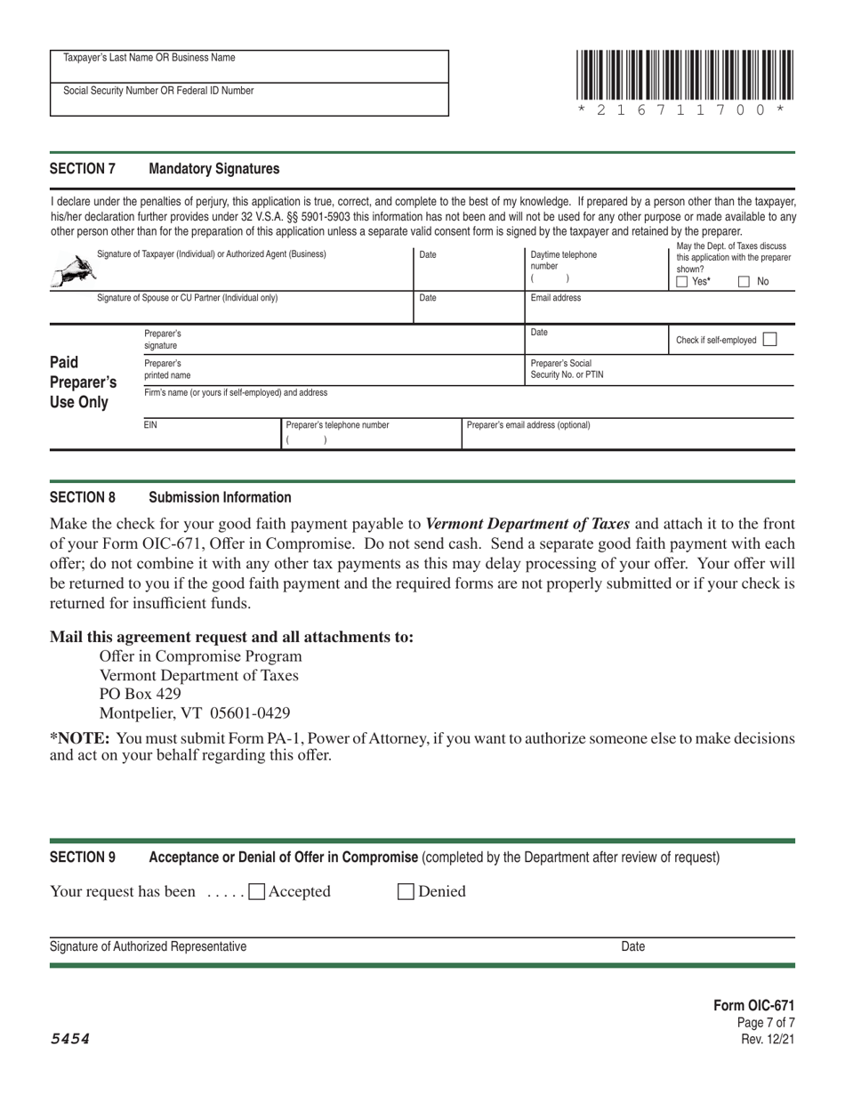 Form OIC-671 Offer in Compromise Agreement - Vermont, Page 11