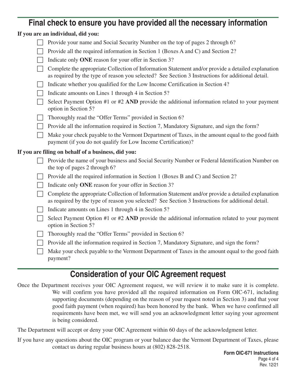 Form OIC-671 Offer in Compromise Agreement - Vermont, Page 4