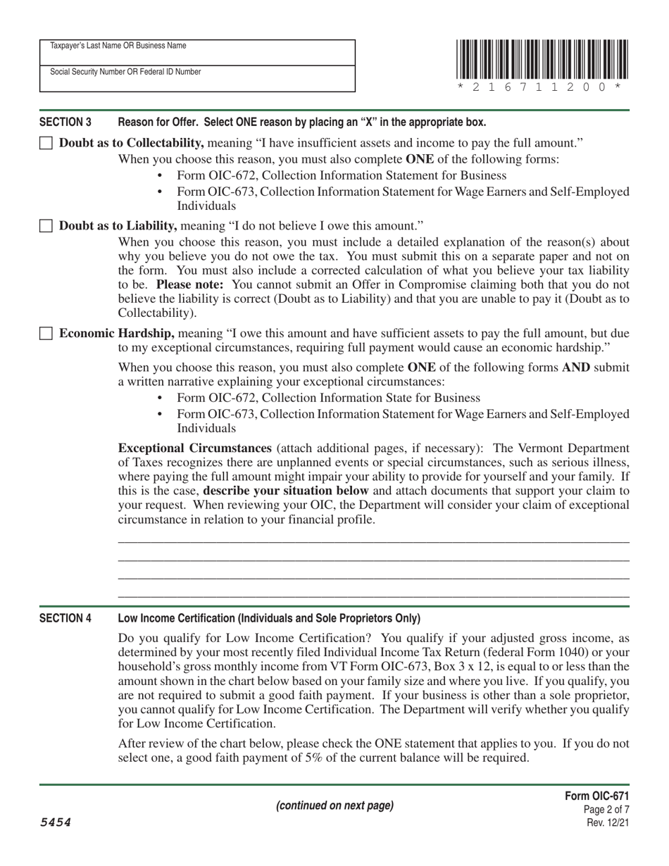 Form OIC-671 Offer in Compromise Agreement - Vermont, Page 6