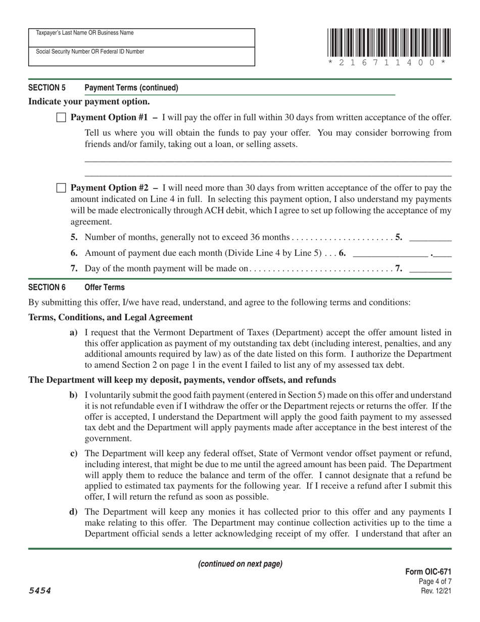 Form OIC-671 Offer in Compromise Agreement - Vermont, Page 8