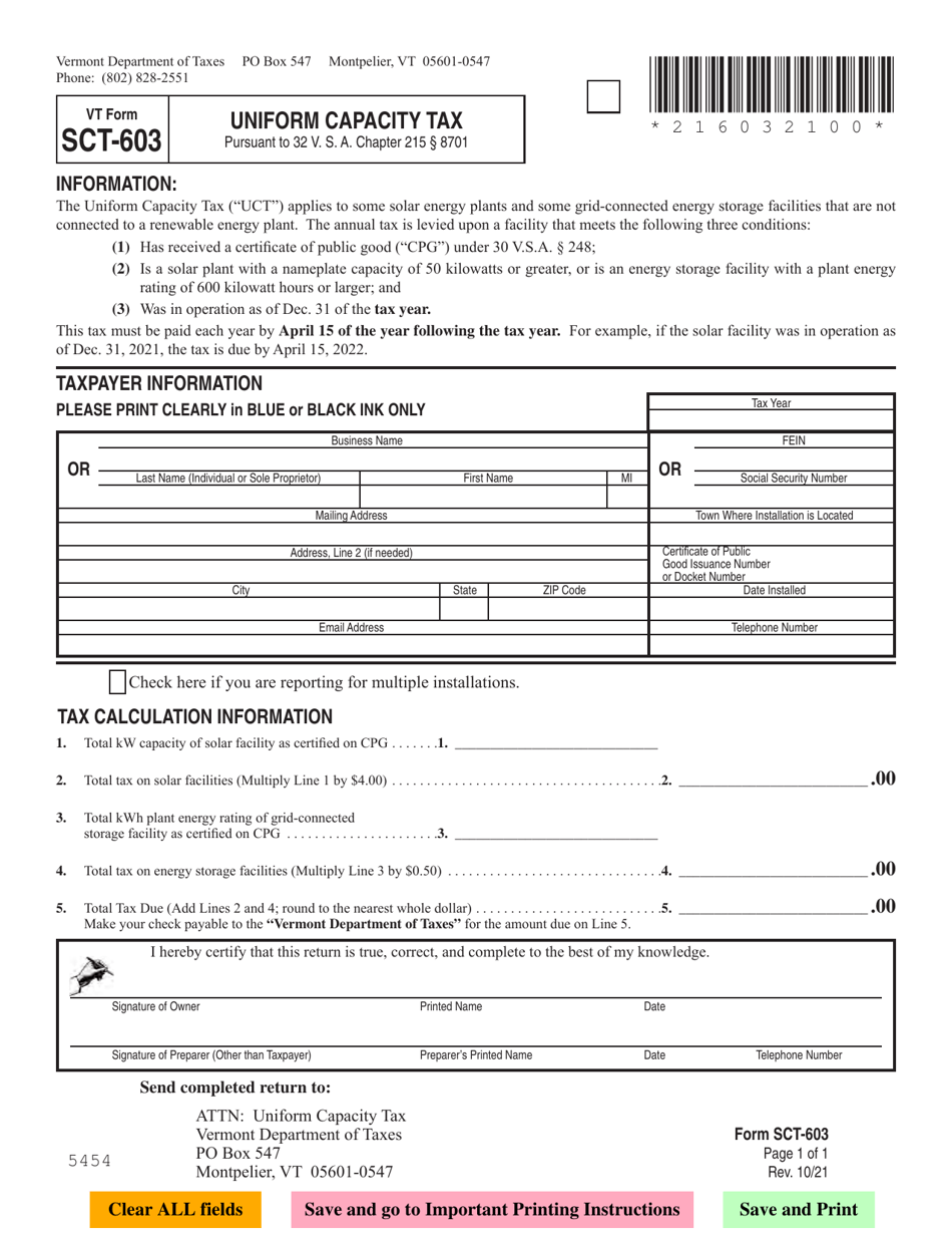 VT Form SCT-603 Uniform Capacity Tax - Vermont, Page 1