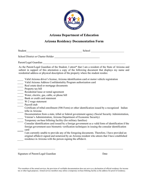 Arizona Residency Documentation Form - Arizona Download Pdf