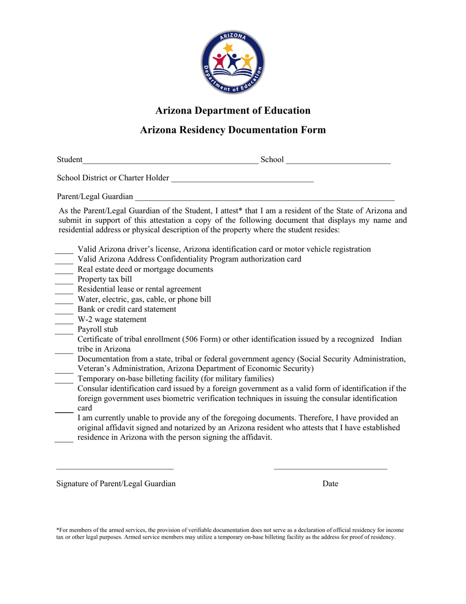 Arizona Residency Documentation Form - Arizona, Page 1