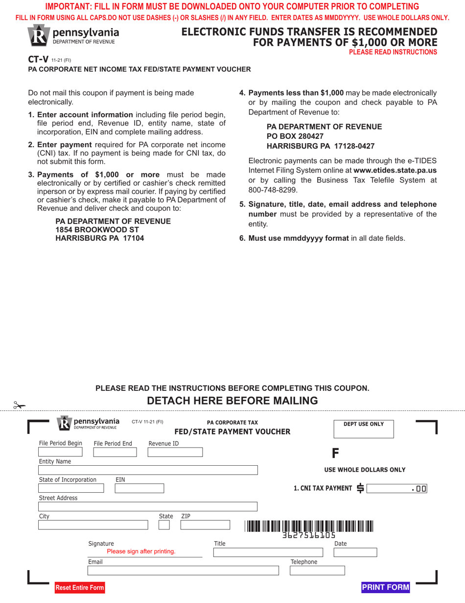 Form CT-V Pa Corporate Net Income Tax Fed / State Payment Voucher - Pennsylvania, Page 1