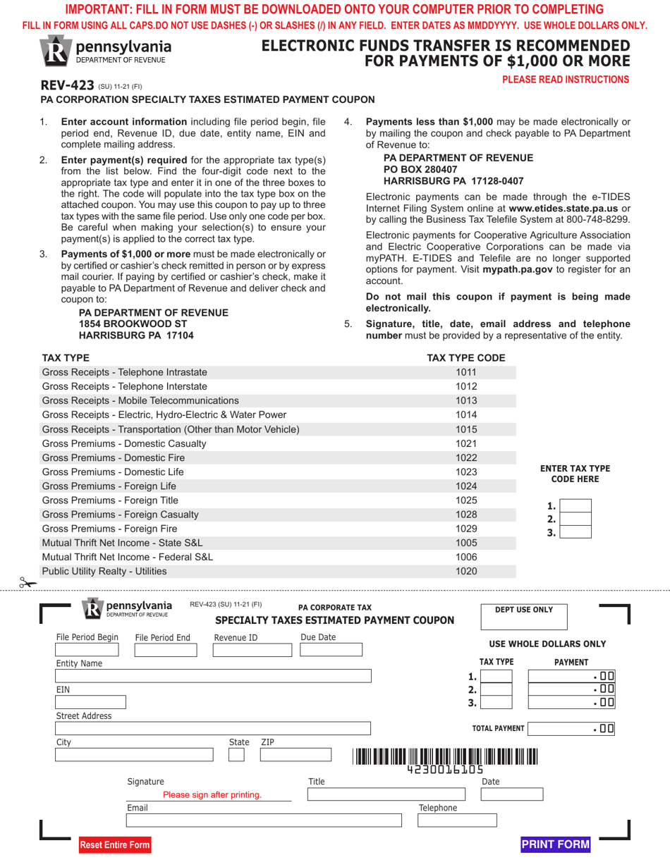 Form REV423 Download Fillable PDF or Fill Online Pa Corporation