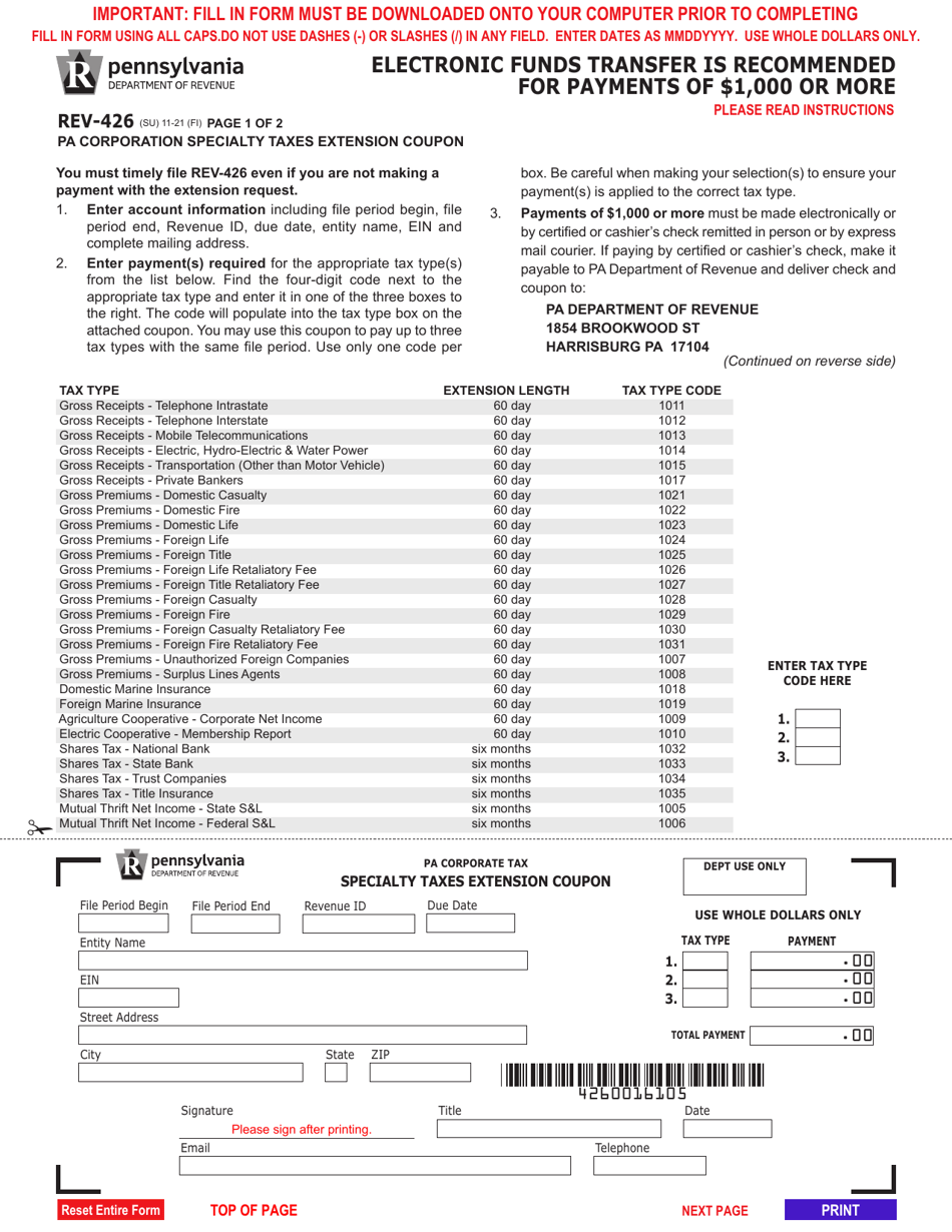 Form REV-426 Pa Corporation Specialty Taxes Extension Coupon - Pennsylvania, Page 1